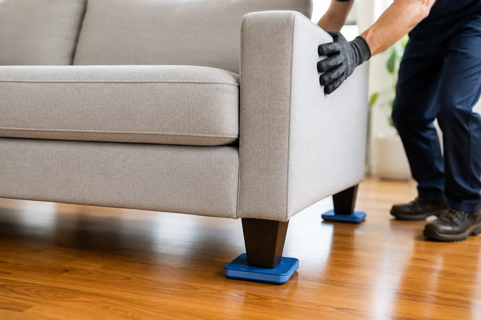Sofa Sliding on Blue Furniture Pads