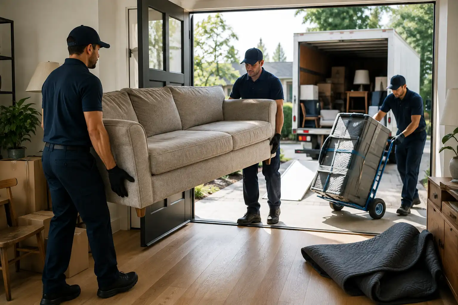 Professional Movers Delivering a Sofa